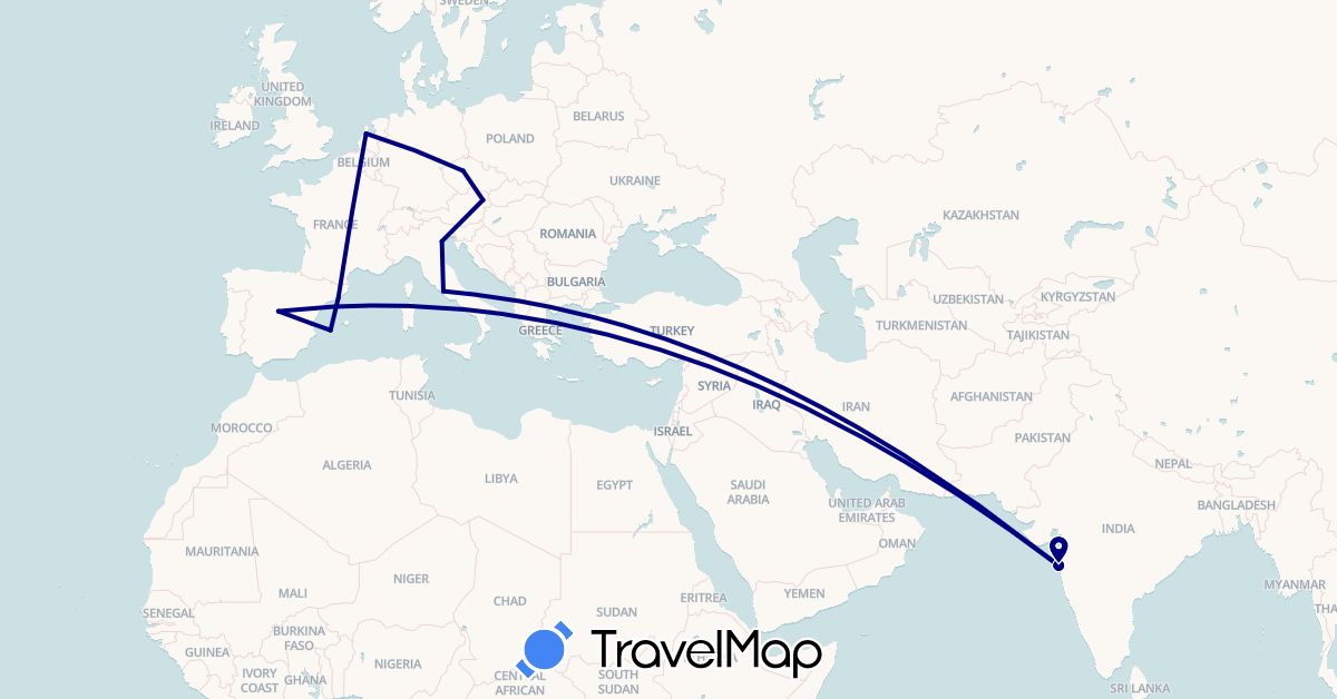 TravelMap itinerary: driving in Austria, Czech Republic, Spain, India, Italy, Netherlands (Asia, Europe)